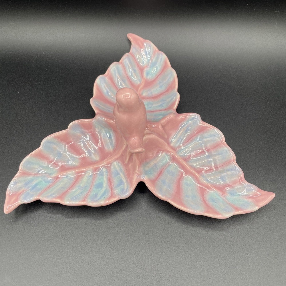 Vintage 1950's Royal Copley 3 Leaf Trinket Dish Pink Blue With Bird Incised USA - Picture 5 of 14